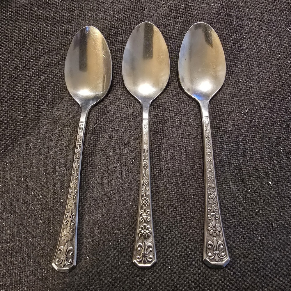 Interpur FLORENZ Stainless 3 Tea Spoons‎ Black Textured 8 Petal Flatware E24G
